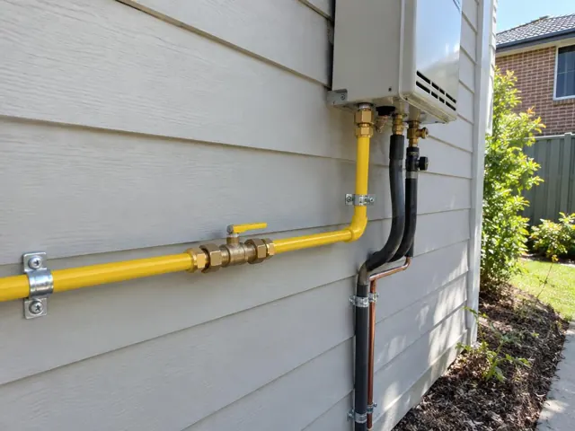Yellow gas pipe and meter box on an exterior weatherboard wall in Gymea